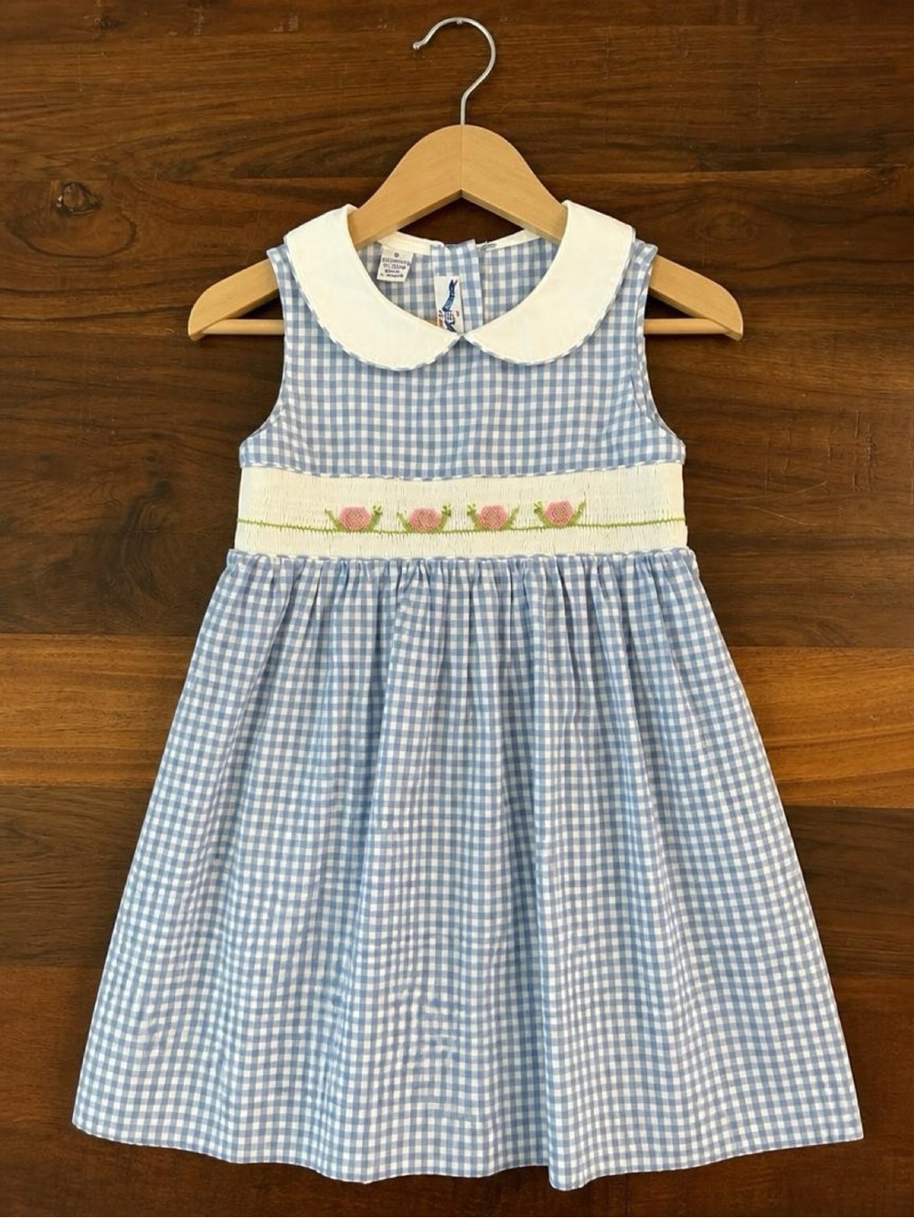 Silly Goose Girls Size 5 Hand Smocked Snail Blue Gingham Dress Peter Pan Collar